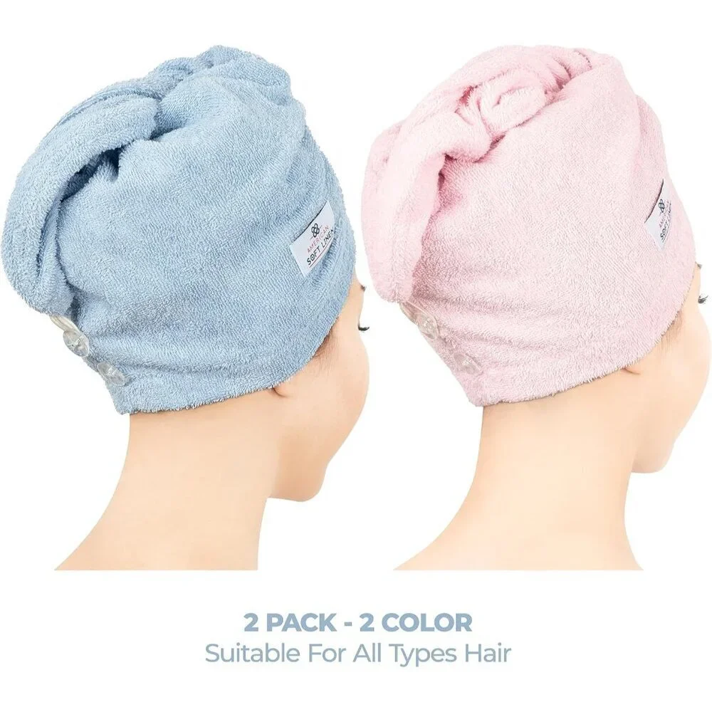 Cotton Hair Towels Women 26x10 Soft Absorbent Turban Wrap 2-Pack